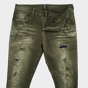 PRPS Mens 34 Olive Green Distressed Stretch Slim Jeans‎ Paint Splatter